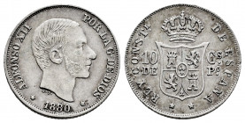 Alfonso XII (1874-1885). 10 centavos. 1880. Manila. (Cal-92). Ag. 2,57 g. Very rare in this grade. Ex Vico, Octubre 2002. Choice VF. Est...1000,00. 
...