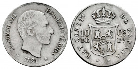 Alfonso XII (1874-1885). 10 centavos. 1881. Manila. (Cal-94). Ag. 2,54 g. VF. Est...80,00. 

Spanish Description: Alfonso XII (1874-1885). 10 centav...