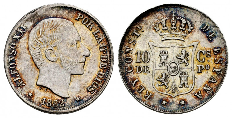 Alfonso XII (1874-1885). 10 centavos. 1882. Manila. (Cal-96). Ag. 2,63 g. A very...