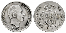 Alfonso XII (1874-1885). 10 centavos. 1883/2. Manila. (Cal-98). Ag. 2,56 g. Overdate. Choice VF. Est...90,00. 

Spanish Description: Alfonso XII (18...