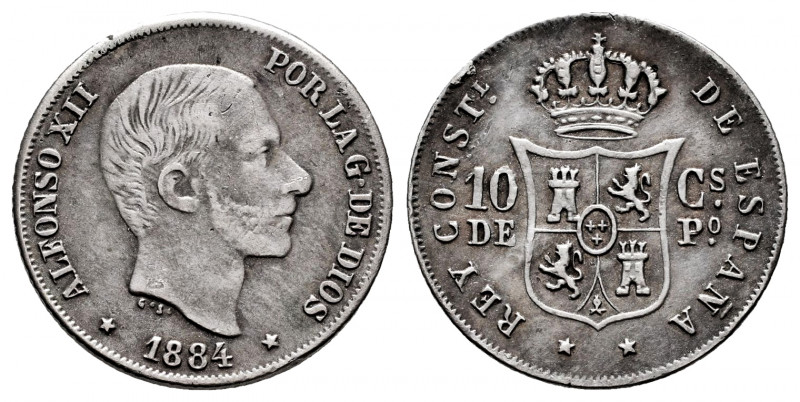 Alfonso XII (1874-1885). 10 centavos. 1884. Manila. (Cal-100). Ag. 2,51 g. Rare....
