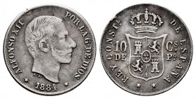 Alfonso XII (1874-1885). 10 centavos. 1884. Manila. (Cal-100). Ag. 2,51 g. Rare. VF/Choice VF. Est...400,00. 

Spanish Description: Alfonso XII (187...