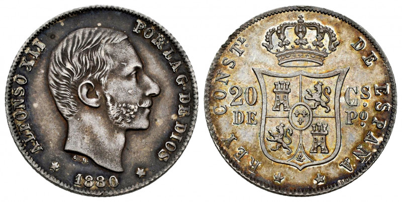 Alfonso XII (1874-1885). 20 centavos. 1880. Manila. (Cal-103). Ag. 5,28 g. A goo...
