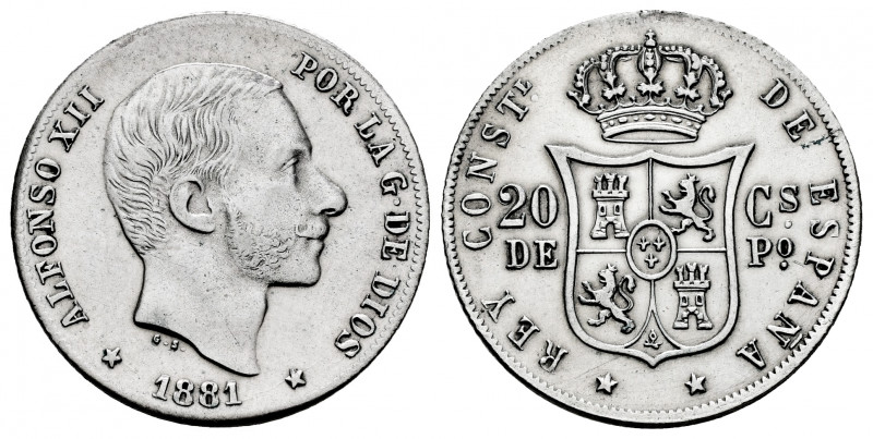 Alfonso XII (1874-1885). 20 centavos. 1881. Manila. (Cal-105). Ag. 5,13 g. Ex Áu...
