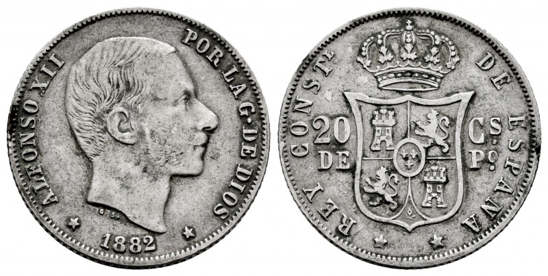 Alfonso XII (1874-1885). 20 centavos. 1882. Manila. (Cal-107). Ag. 5,19 g. Some ...