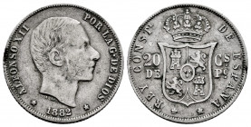 Alfonso XII (1874-1885). 20 centavos. 1882. Manila. (Cal-107). Ag. 5,19 g. Some dirt. Ex Vico, March 2001. Almost VF. Est...50,00. 

Spanish Descrip...