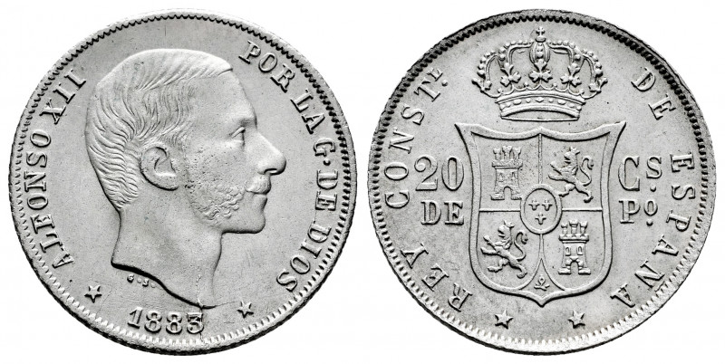 Alfonso XII (1874-1885). 20 centavos. 1883. Manila. (Cal-109). Ag. 5,14 g. Hairl...