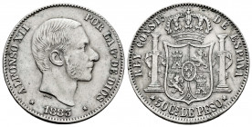 Alfonso XII (1874-1885). 50 centavos. 1883. Manila. (Cal-120). Ag. 12,91 g. Some evidence of verdigris. VF/Choice VF. Est...60,00. 

Spanish Descrip...