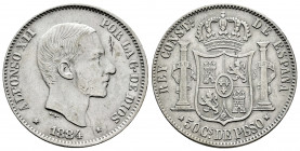 Alfonso XII (1874-1885). 50 centavos. 1884. Manila. (Cal-121). Ag. 12,99 g. Very scarce. VF/Choice VF. Est...200,00. 

Spanish Description: Alfonso ...