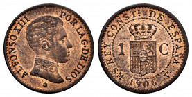 Alfonso XIII (1886-1931). 1 centimo. 1906*6. Madrid. SMV. (Cal-1). Ae. 0,97 g. Original luster. Very scarce. Ex Aureo, lot 937A, 17/12/1996. AU. Est.....
