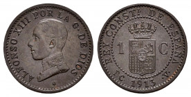 Alfonso XIII (1886-1931). 1 centimo. 1913 *3. Madrid. PCV. (Cal-5). Ae. 1,04 g. XF. Est...12,00. 

Spanish Description: Alfonso XIII (1886-1931). 1 ...