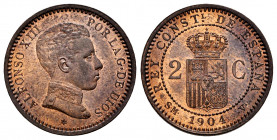 Alfonso XIII (1886-1931). 2 centimos. 1904*04. Madrid. SMV. (Cal-6). Ae. 2,21 g. Original luster. Mint state. Est...25,00. 

Spanish Description: Al...