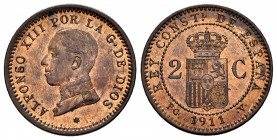 Alfonso XIII (1886-1931). 2 centimos. 1911 *11. Madrid. PCV. (Cal-13). Ae. 2,06 g. Original luster. Mint state. Est...25,00. 

Spanish Description: ...