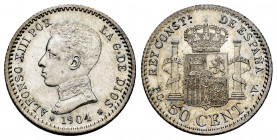 Alfonso XIII (1886-1931). 50 centimos. 1904*1-0. Madrid. PCV. (Cal-47). Ag. 2,49 g. Original luster. Minimal hairlines on obverse. Almost MS. Est...40...