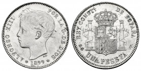 Alfonso XIII (1886-1931). 1 peseta. 1899*18-99. Madrid. SGV. (Cal-58). Ag. 5,11 g. Almost MS. Est...80,00. 

Spanish Description: Alfonso XIII (1886...