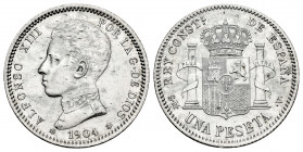 Alfonso XIII (1886-1931). 1 peseta. 1904*19-04. Madrid. SMV. (Cal-68). Ag. 4,95 g. Slightly cleaned. XF. Est...70,00. 

Spanish Description: Alfonso...
