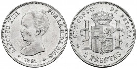 Alfonso XIII (1886-1931). 2 pesetas. 1891*18-91. Madrid. PGM. (Cal-84). Ag. 10,00 g. Almost XF. Est...180,00. 

Spanish Description: Alfonso XIII (1...