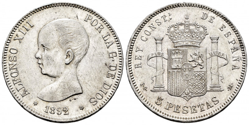 Alfonso XIII (1886-1931). 5 pesetas. 1892 *18-92. Madrid. PGM. (Cal-99). Ag. 25,...