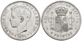 Alfonso XIII (1886-1931). 5 pesetas. 1896*18-96. Madrid. PGV. (Cal-106). Ag. 25,04 g. Original luster. Minos nicks on reverse. Minor marks. XF. Est......