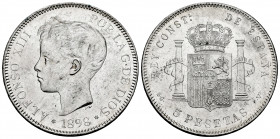 Alfonso XIII (1886-1931). 5 pesetas. 1898*18-98. Madrid. SGV. (Cal-109). Ag. 25,06 g. Original luster. Minor scratches. XF/AU. Est...60,00. 

Spanis...