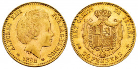 Alfonso XIII (1886-1931). 20 pesetas. 1892*18-92. Madrid. PGM. (Cal-115). Au. 6,44 g. Very rare, even more in this grade. Superb specimen. Ex Martí He...