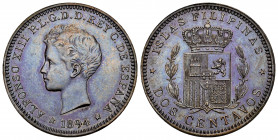 Alfonso XIII (1886-1931). 2 centavos. 1894. Manila. (Cal-121). Ae. 10,10 g. Proof that never circulated. Design: Bartolomé Maura. Although these coins...