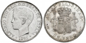 Alfonso XIII (1886-1931). 1 peso. 1897. Manila. SGV. (Cal-122). Ag. 25,08 g. Original luster. Minor scratches. Scarce in this grade. AU. Est...320,00....