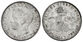 Alfonso XIII (1886-1931). 20 centavos. 1895. Puerto Rico. PGV. (Cal-126). Ag. 5,03 g. Scarce. VF. Est...150,00. 

Spanish Description: Alfonso XIII ...