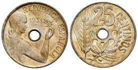 II Republic. 25 cents. 1934. Madrid. (Cal-13). 6,99 g. Beautiful tone. Mint state. Est...25,00. 

Spanish Description: II República. 25 céntimos. 19...