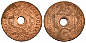 II Republic. 25 cents. 1938. Madrid. (Cal-20). Ae. 4,75 g. Minor stains. AU. Est...15,00. 

Spanish Description: II República. 25 céntimos. 1938. Ma...