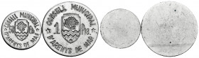 Spanish Civil War (1936-1939). Complete set of 2 coins, 1 peseta y 50 centimos. Arenys de Mar. (Cal-6/7). Al. Original luster. Very scarce. AU/Almost ...