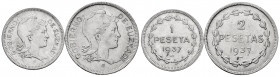 Spanish Civil War (1936-1939). Complete set of 2 coins, 1 and 2 pesetas. 1937. Euzkadi. (Cal-14/15). Choice VF/Almost MS. Est...25,00. 

Spanish Des...