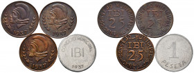 Spanish Civil War (1936-1939). Complete set of 4 coins, 1 peseta and 25 centimos (with the three varieties). 1937. Ibi (Alicante). (Cal-16/19). Choice...