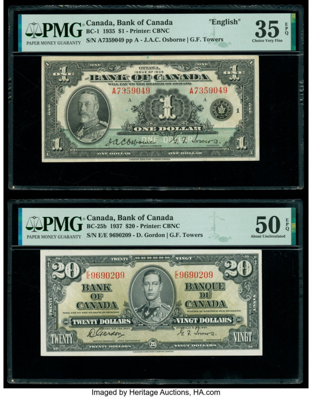Canada Bank of Canada $1; 20 1935; 1937 BC-1; BC-25b Two Examples PMG Choice Ver...