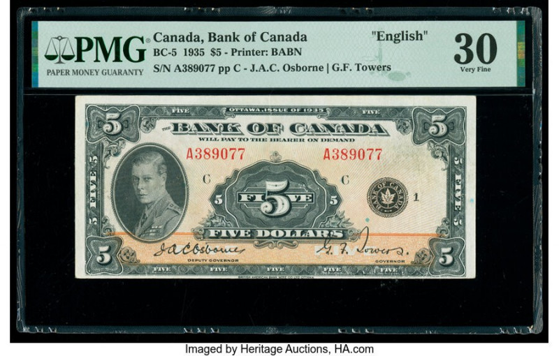 Canada Bank of Canada $5 1935 Pick 42 BC-5 PMG Very Fine 30. Pinholes are noted ...