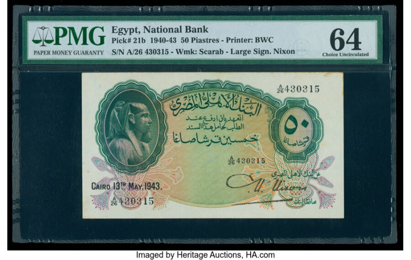 Egypt National Bank of Egypt 50 Piastres 1940-43 Pick 21b PMG Choice Uncirculate...