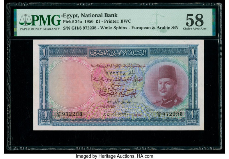 Egypt National Bank of Egypt 1 Pound 1950 Pick 24a PMG Choice About Unc 58. 

HI...