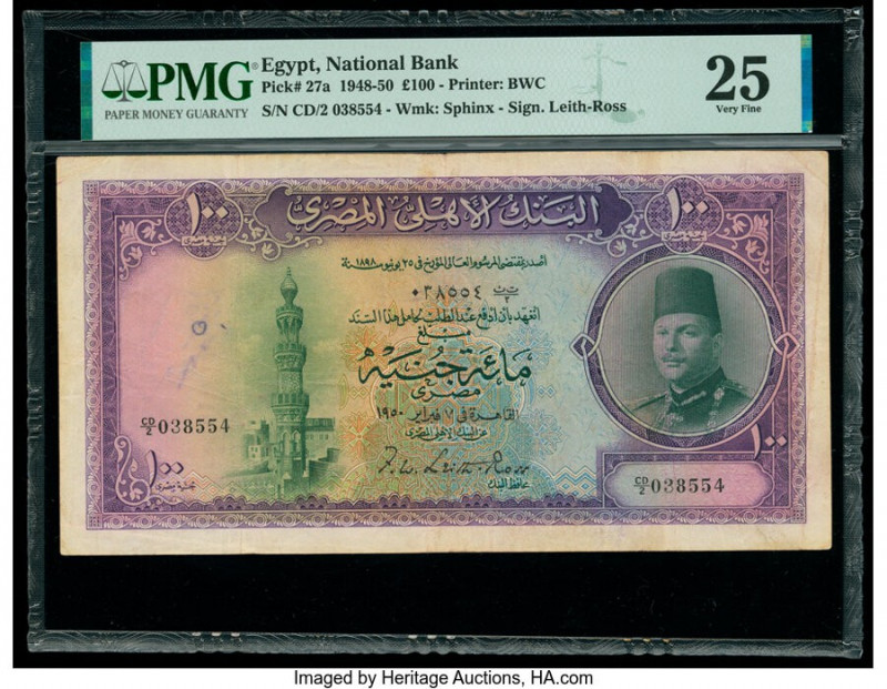 Egypt National Bank of Egypt 100 Pounds 1948-50 Pick 27a PMG Very Fine 25. Annot...