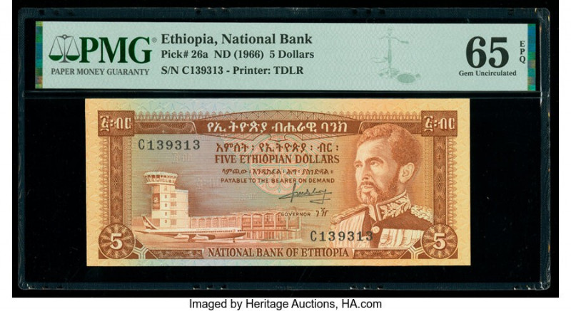 Ethiopia National Bank 5 Dollars ND (1966) Pick 26a PMG Gem Uncirculated 65 EPQ....