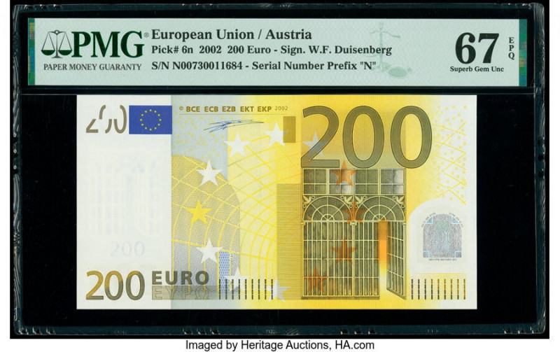 European Union Central Bank, Austria 200 Euro 2002 Pick 6n PMG Superb Gem Unc 67...
