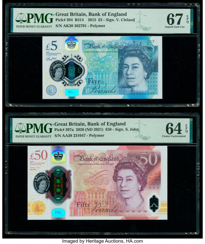 Great Britain Bank of England 5; 50 Pounds 2015; 2020 (ND 2021) Pick 394; 397a T...