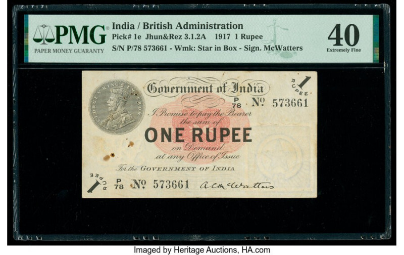 India Government of India 1 Rupee 1917 Pick 1e Jhun3.1.2A PMG Extremely Fine 40....