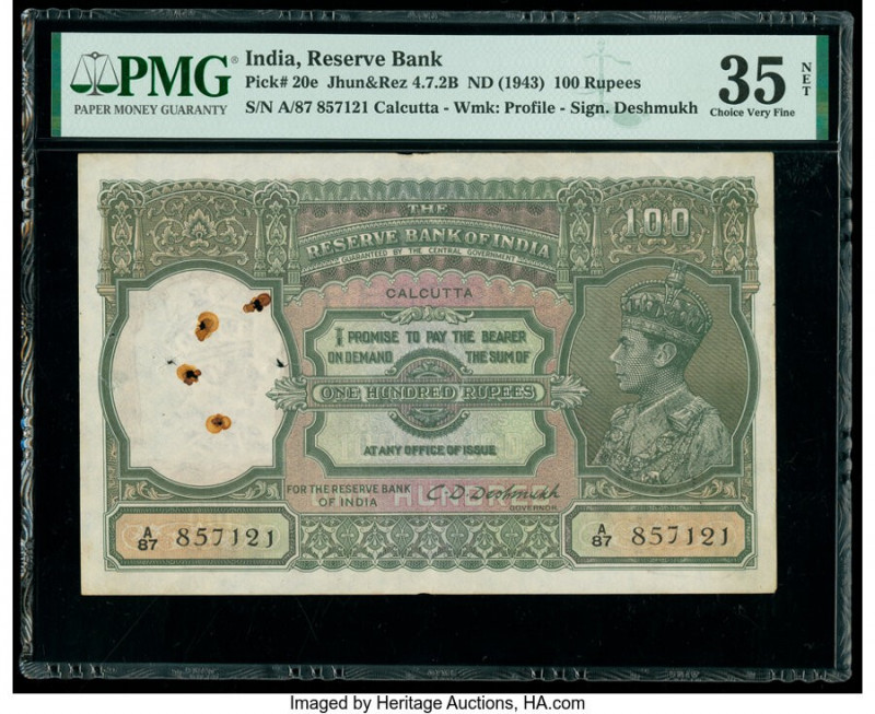 India Reserve Bank of India 100 Rupees ND (1943) Pick 20e Jhun4.7.2B PMG Choice ...