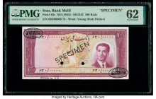 Iran Bank Melli 100 Rials ND (1953) / SH1332 Pick 62s Specimen PMG Uncirculated 62. Previous mounting, black Specimen & TDLR overprints along with two...