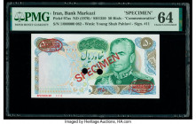 Iran Bank Markazi 50 Rials ND (1970) / SH1350 Pick 97as Commemorative Specimen PMG Choice Uncirculated 64. Previous mounting, red Specimen & TDLR over...