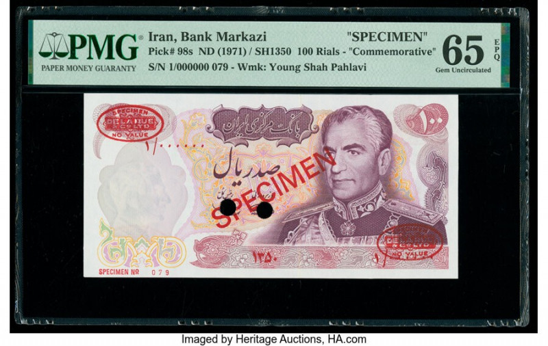 Iran Bank Markazi 100 Rials ND (1971) / SH1350 Pick 98s Commemorative Specimen P...