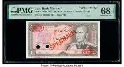 Iran Bank Markazi 20 Rials ND (1974-79) Pick 100bs Specimen PMG Superb Gem Unc 68 EPQ. Red Specimen & TDLR overprints along with two POCs present.

HI...