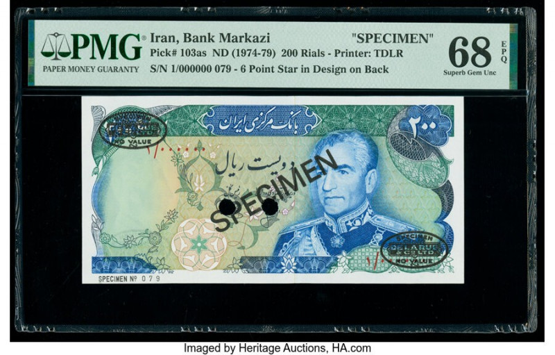 Iran Bank Markazi 200 Rials ND (1974-79) Pick 103as Specimen PMG Superb Gem Unc ...