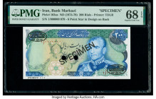 Iran Bank Markazi 200 Rials ND (1974-79) Pick 103as Specimen PMG Superb Gem Unc 68 EPQ. Black Specimen & TDLR overprints along with two POCs present.
...