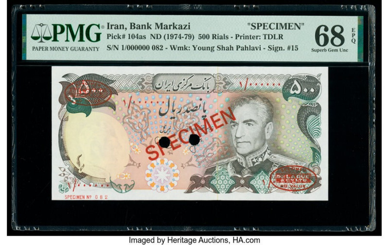 Iran Bank Markazi 500 Rials ND (1974-79) Pick 104as Specimen PMG Superb Gem Unc ...